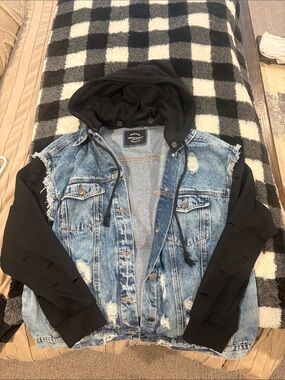 American Bazi Light Blue Distressed Denim Jacket with Black Hoodie Sleeves